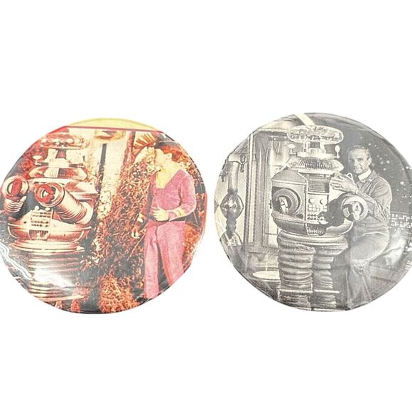Lost In Space Robot Pins Two 2 1/4” Diameter Pinback TV Show British - Picture 6 of 6